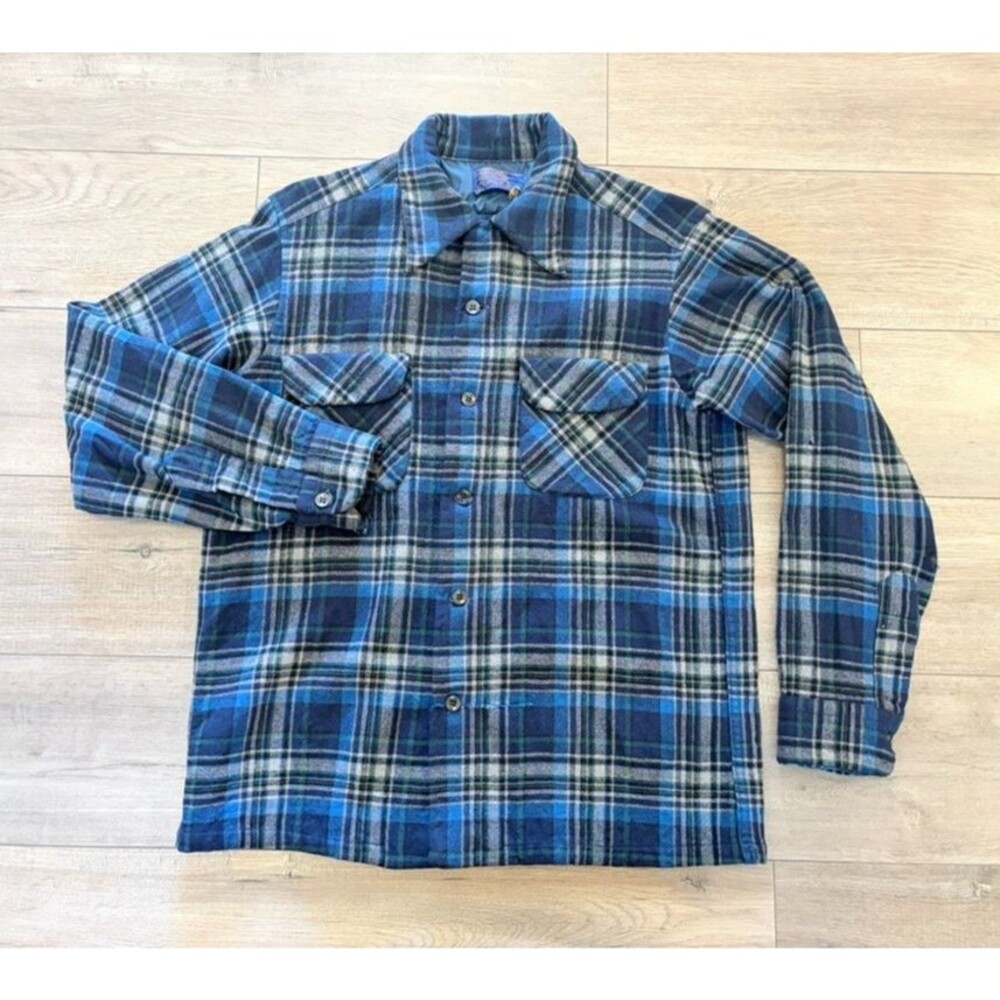 Pendleton Board Shirt Mens S Plaid Loop Collar Long Sleeve Wool Blue 60s Vintage